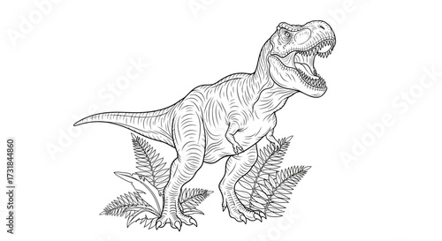 Bold Clean Lines Tyrannosaurus Rex Roaring amidst Primal Ferns Adult Coloring Page