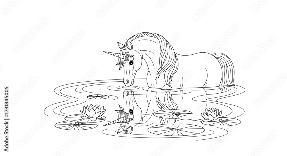 Fototapeta premium Unicorn by Tranquil Pond Forest Reflection Adult Fantasy Coloring Sheet