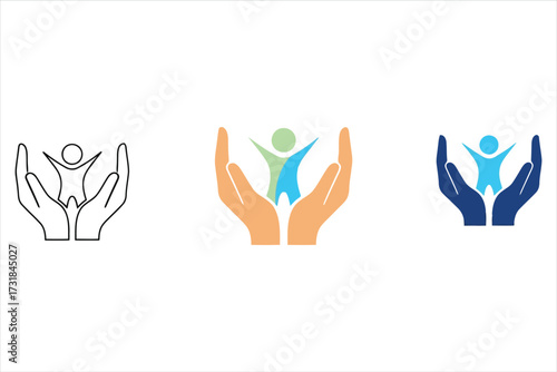 Vector art of illustration set featuring a pair of hands cradling a person, symbolizing care, support, and protection, perfect for healthcare, charity, and social services concepts