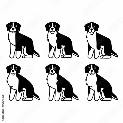 Six bernese mountain dog illustrations in different poses simple and cute design