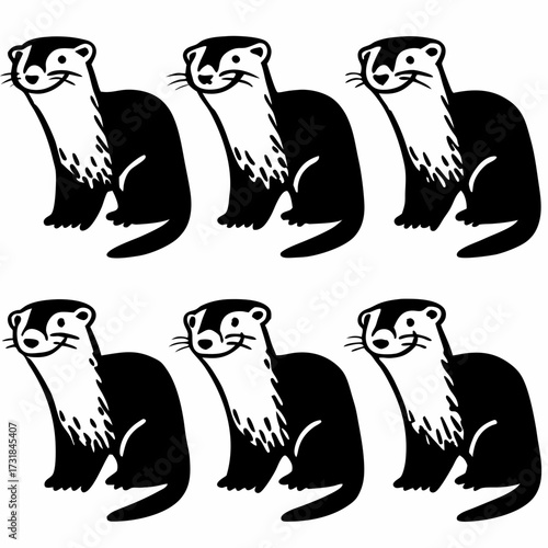 Six cute cartoon mink animals, standing and smiling happily