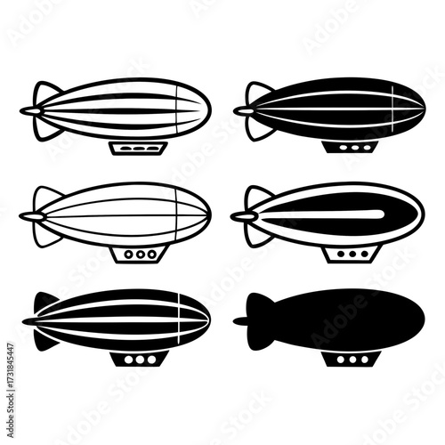 Six hand drawn airships in black and white doodle style illustration