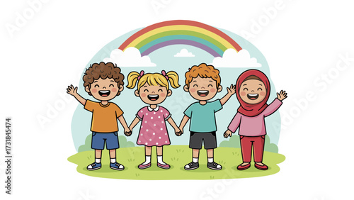 happy children with rainbow