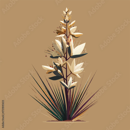 Elegant artistic rendering of a yucca plant with beige petals and needle leaves on a tan backdrop