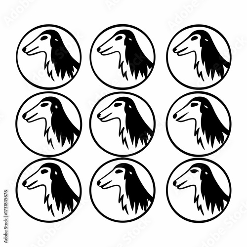 Nine borzoi dogs in circles
