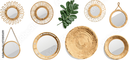 Array of decorative mirrors with natural textures isolated