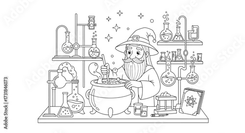 Whimsical Wizard's Lab with Alchemical Tools and Potions Fantasy Coloring Art