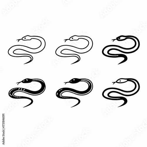 Set of six snake drawings, hand drawn vector illustration