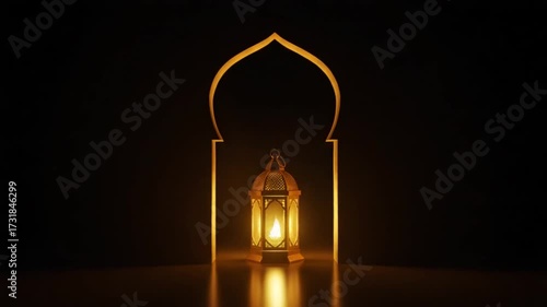 Traditional Islamic Lantern Glowing Warmly Inside a Golden Archway for Ramadan.