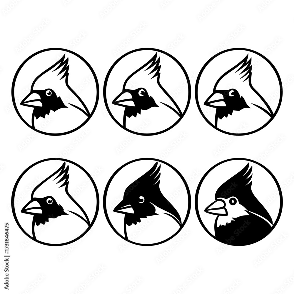Fototapeta premium Six cardinal bird head icons in a circle vector illustration