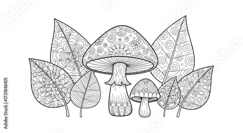 Whimsical Forest with Zen Doodle Mushrooms and Leaves Adult Coloring Art
