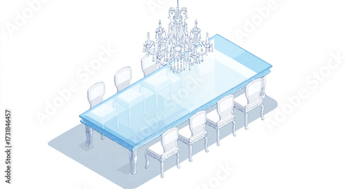Elegant dining room with a large table adorned by a crystal chandelier vector illustration