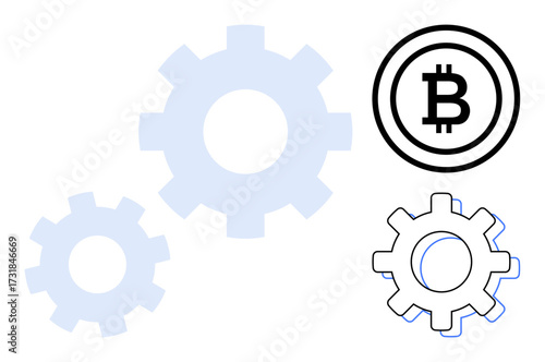 Gears with Bitcoin logo represent blockchain, cryptocurrency, and digital finance concepts. Ideal for innovation, technology, cryptocurrency, blockchain, decentralization finance automation. Simple