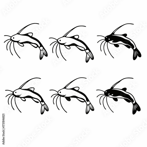 Six catfish swimming in different directions, vector illustration