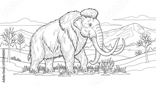 Woolly Mammoth Grazing Prehistoric Ice Age Line Art Adult Coloring Fun