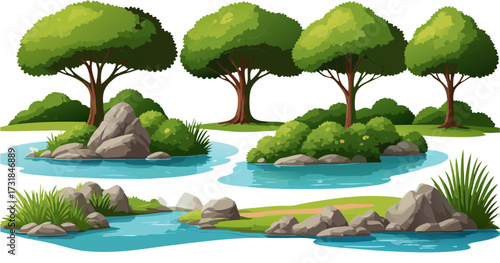 Cartoon trees and landscape illustration with water and rocks