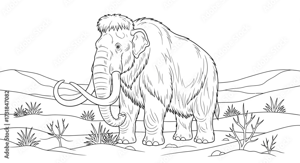 Obraz premium Prehistoric Ice Age Line Art Woolly Mammoth Grazing Adult Coloring Page Fun