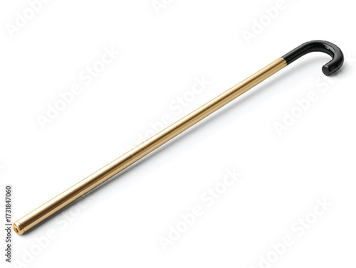 Elegant golden cane with black handle isolated on white background offering stability and support for mobility needs