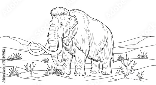 Prehistoric Ice Age Line Art Woolly Mammoth Grazing Adult Coloring Page Fun