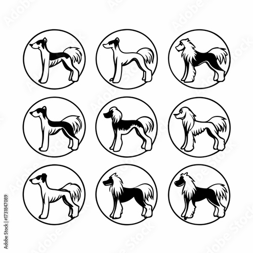 Silhouetted borzoi dog icons in circles, seamless pattern