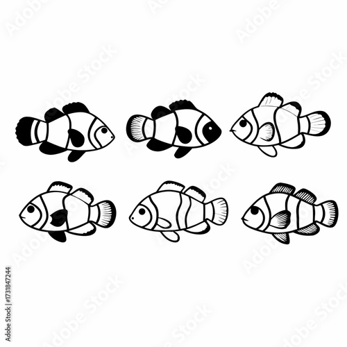 Six clown fish swimming in formation, a delightful marine life scene