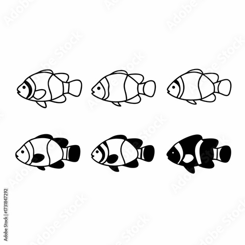 Six clown fish swimming in formation, a delightful marine life scene