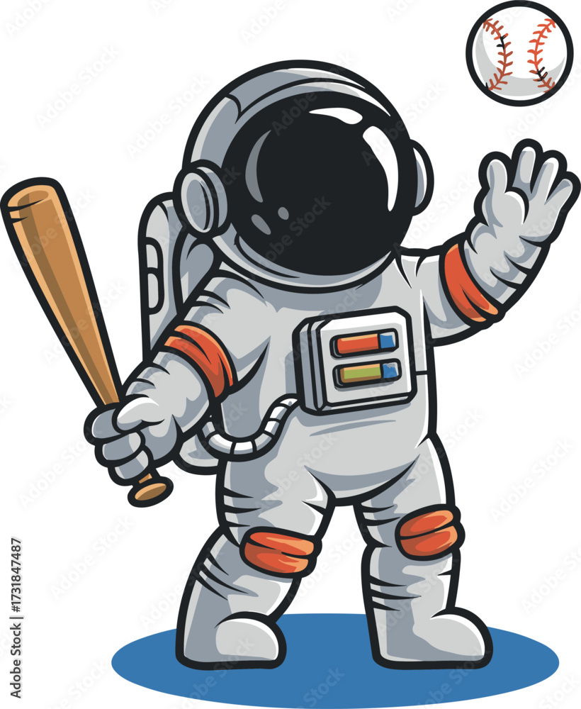 Obraz premium Cartoon Astronaut Playing Baseball in Outer Space with a Bat and Ball on a Blue Oval Ground Illustrating a Fun and Whimsical Theme