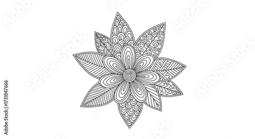 Abstract Floral Arrangement with Unique Zen Doodle Petal Designs Adult Coloring Book Page