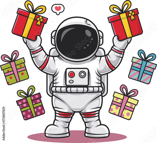 An Astronaut Surrounded by Colorful Gift Boxes Levitating in Space Celebrating a Space Mission Achievement with Excitement and Joy