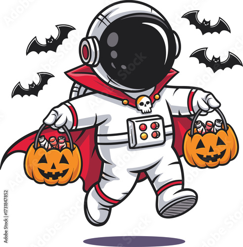 Astronaut dressed as a vampire trick or treating for Halloween with pumpkin buckets filled with candy and bats flying in the background a fun and spooky design