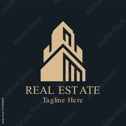 Illustration of elegant real estate logo with a stylized building facade and text reales tate tagline here on a dark background