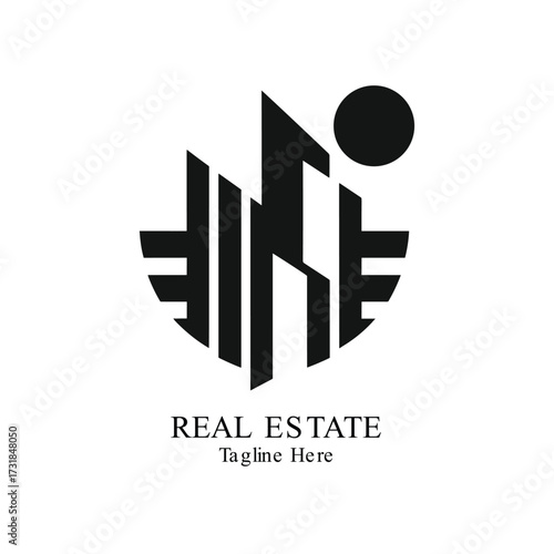 Illustration of modern abstract logo with text reales tate and tagline here on a