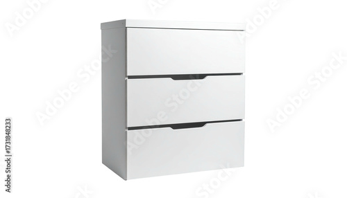 A simple, white, modern dresser with three drawers and shadow detail
