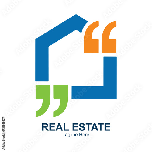Illustration of abstract logo combining a house outline with quotation marks, representing real estate and communication
