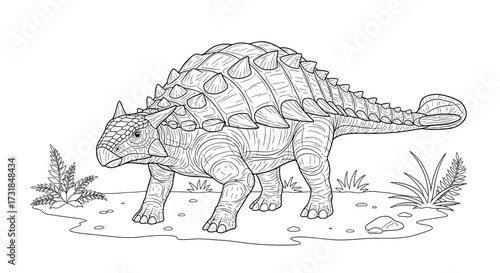 Sturdy Ankylosaurus with Club Tail Prehistoric Line Art Adult Dinosaur Coloring Fun