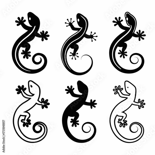 Collection of six gecko lizard silhouettes, vector illustration