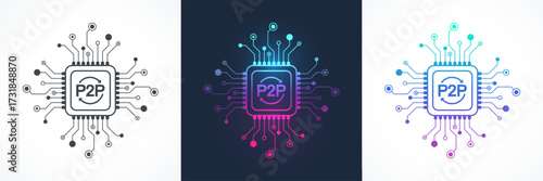 P2P exchange concept icon, sign, logo in the circuit line style. P2P lending processor vector icon flat design. Peer-To-Peer transfering cryptocurrency money on phone app, banking card