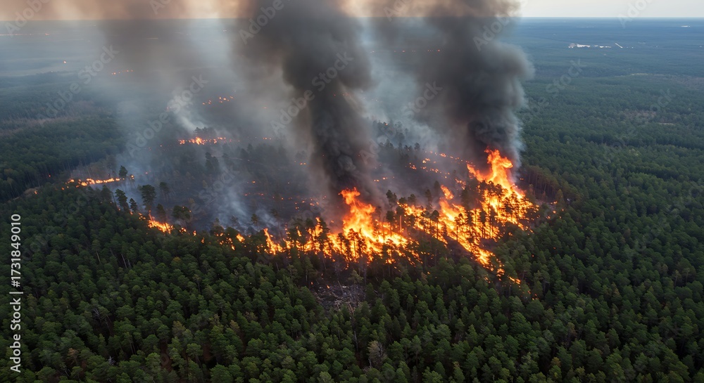 Obraz premium Aerial view of a massive forest fire with flames and thick smoke billowing