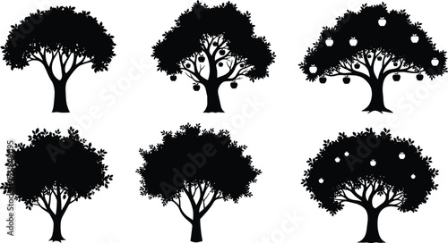Apple tree silhouettes, fruit tree icons, black botanical design, seasonal orchard art, diverse tree shapes, nature illustration pack, harvest tree symbols