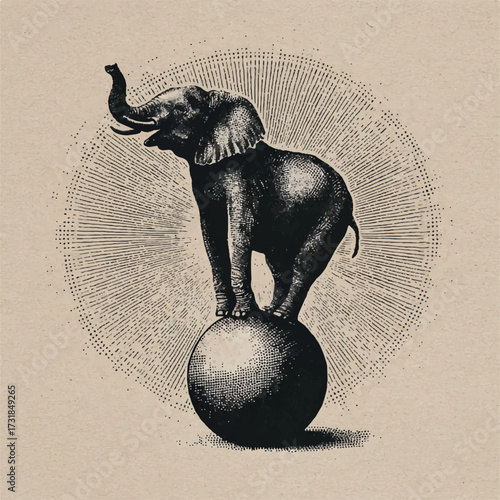 Elephant balancing on a ball vintage circus poster design illustration for art enthusiasts and animal lovers alike