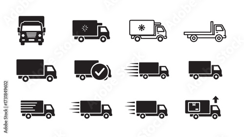 Set of delivery truck icons vector silhouette illustration for transportation and logistics isolated on white background