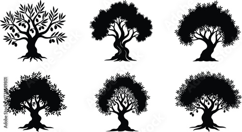 Black tree silhouettes, fruit bearing tree artwork, abstract forest illustration, decorative botanical design, minimal foliage drawing, creative vector tree collection, nature art