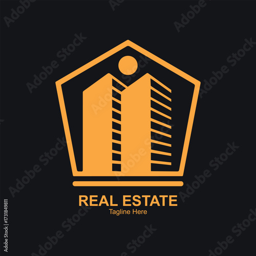 Illustration of modern real estate logo with abstract building design and company name reales tate in orange and white