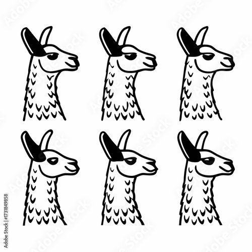 Six llama heads in a vector illustration style design