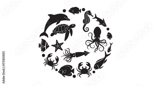 Sea animals silhouette collection vector illustration of marine life in a circle perfect for logo design and ocean conservation pr