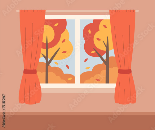Cozy living room with autumn view from window. Seasonal home interior. Warm fall. Vector flat illustration