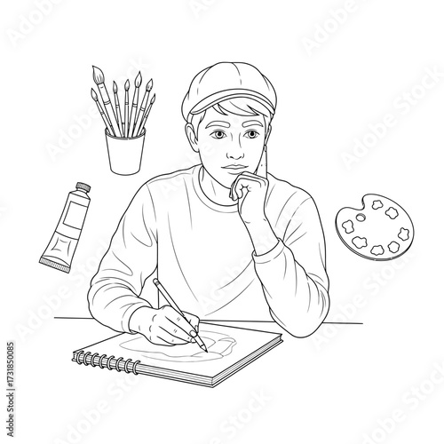 Thoughtful Artist Sketching in Notebook Creative Flow Self Expression Minimalist Line Art