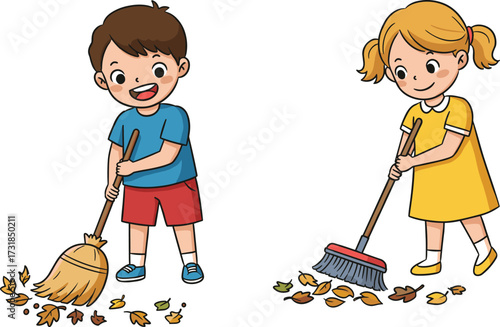 Children cleaning leaves illustration, kids doing outdoor chores, teamwork, responsibility, sweeping ground,