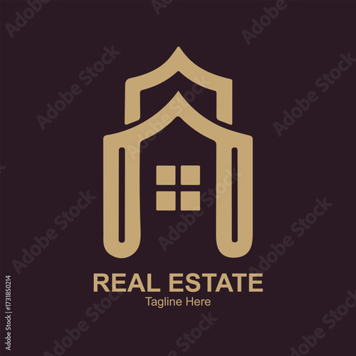 Illustration of elegant abstract logo featuring a stylized house outline and text reales tate on a deep plum background
