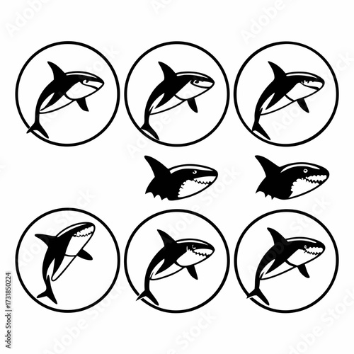 Seven killer whale silhouettes in various poses vector illustration